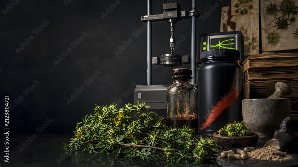 Obraz premium Herbal sports supplement testing in dark laboratory