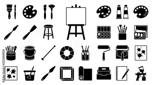 A comprehensive collection of art supplies and tools, including brushes, palettes, easels, paints, and various other creative instruments.