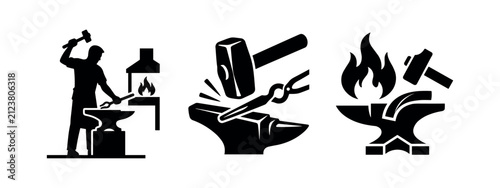 Foto Blacksmithing and Metalworking Icons: Forge, Anvil, and Hammer