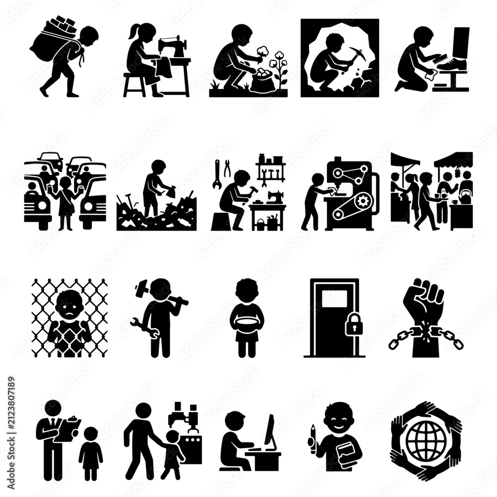 Obraz premium Child Labor Exploitation Prevention Children Rights Forced Labor Human Rights Advocacy and Education Vector Icon Set