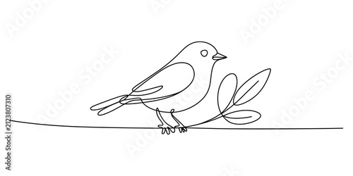 Continuous single line drawing of a cute bird sitting on a small branch