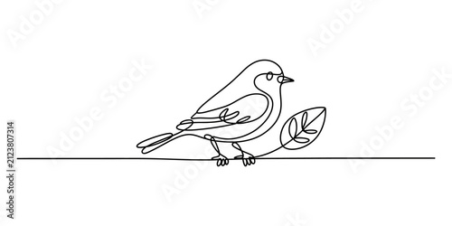 Continuous single line drawing of a cute bird sitting on a small branch