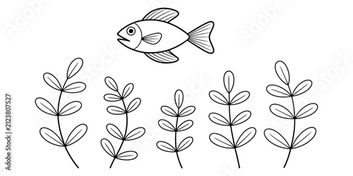 A small fish swimming near green water plants drawing