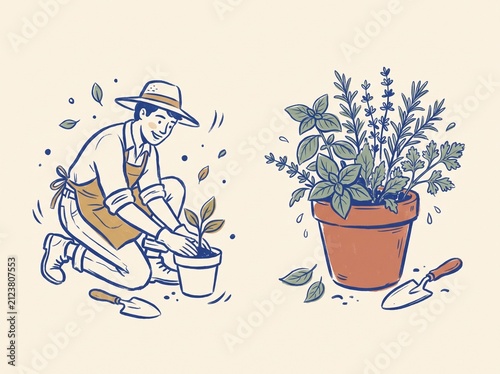Gardener Planting Herbs in Pots Hand Drawn Illustration.