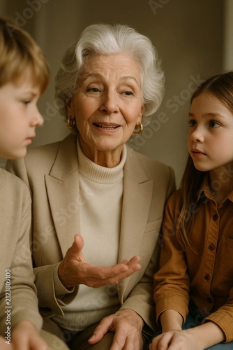 Smiling grandmother talking with two attentive grandchildren, multigenerational family bonding and sharing life stories in warm cozy home.