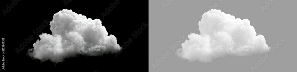 Obraz premium White fluffy cumulus cloud cutout isolated on black and transparent background. Isolated realistic cloud element for graphic design overlay
