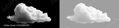 Fluffy cumulus cloud element isolated on black and transparent background. Realistic white cloud cutout for sky replacement and editing