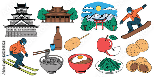 Nagano travel landmarks and traditional japanese food vector illustration set with Matsumoto castle, winter skiing, soba noodles, apple, and temple.