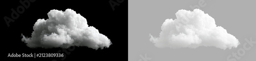 Horizontal white fluffy cloud isolated on black and transparent background. Volumetric cumulus cloud cutout for photo editing and compositing