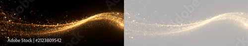 Flowing golden glitter wave with glowing sparkling particles. Magic light trail effect on dark and transparent background