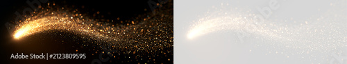 Wavy golden glitter particle trail flowing with bright spark head. Glowing magic dust stream overlay on black and transparent background