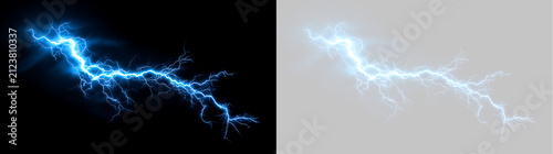 Electric blue lightning strike overlay on black and transparent background. Powerful high voltage plasma energy discharge effect