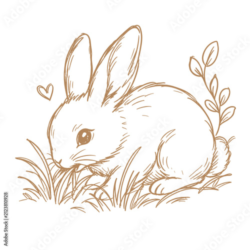 Rabbit nibbling on grass in a sketch style with foliage accents  