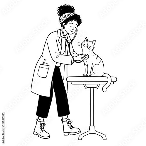 Veterinarian examining a cat in a clinic with a friendly expression  