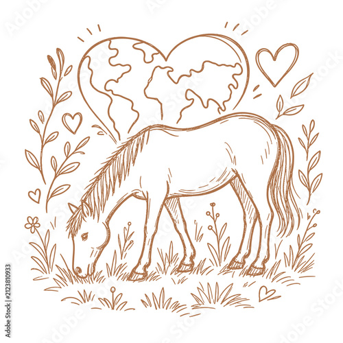 Horse grazing in a field with earth heart and floral design  