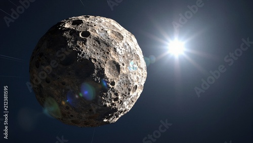 An asteroid drifts past a radiant sun, its cratered surface catching starlight in deep space.