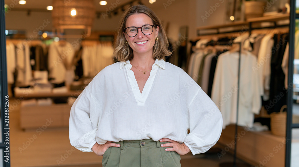 Fototapeta premium Young woman smiling confidently in a clothing store interior 