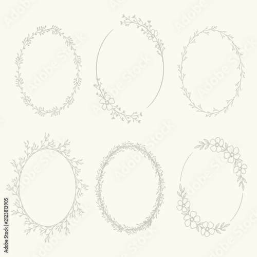 結婚式招待状用の手描きの花の楕円形フレーム 6 個のセット