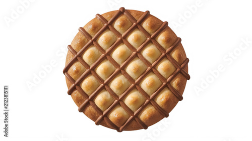 Round butter cookie with a dark brown chocolate drizzle pattern on top isolated on a simple surface for a tasty snack food photography concept isolated on transparent background
