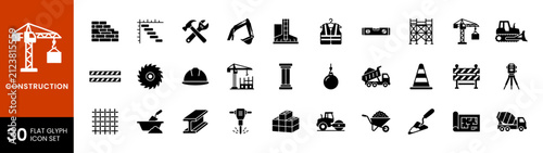 Construction Heavy Machinery Architecture and Building Equipment Flat Glyph Icon Set