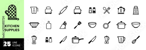 Kitchen supplies and utensil line icon set