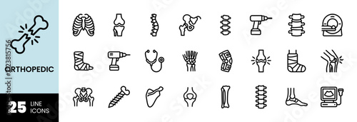 Orthopedic and bone injury line icon set
