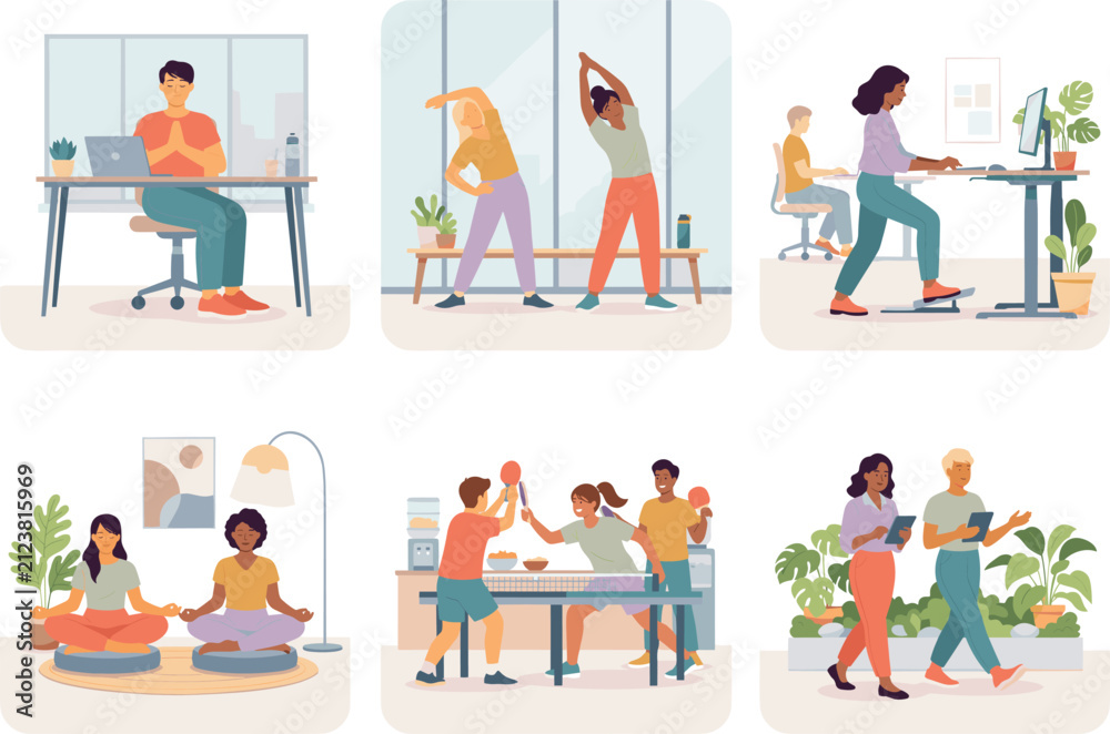 Fototapeta premium Office employees wellness and work activities. Corporate staff exercising and working.