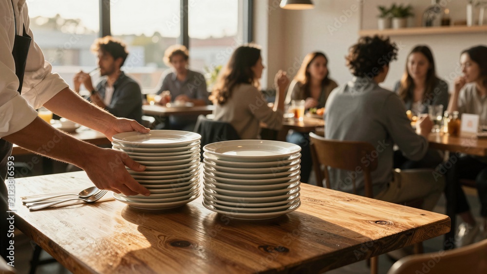 Fototapeta premium A waiter carries stacks of clean white plates across a wooden table while diners enjoy meals in a bright, modern restaurant setting.