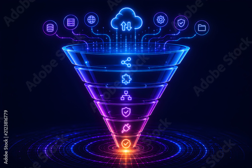 AI digital data flow funnel with cloud integration workflow automation and secure data processing