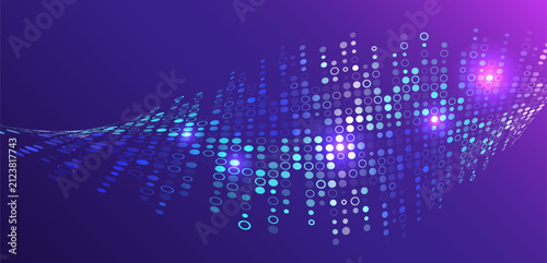 Abstract digital wave made of glowing circles on a purple gradient background, symbolizing data flow, AI, communication, and futuristic technology with dynamic visual motion.