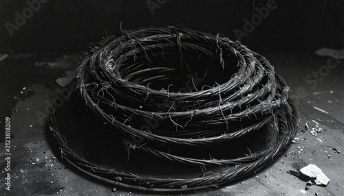 A large, weathered coil of barbed wire rests on a dark, gritty industrial floor, illuminated by dim, stark lighting.