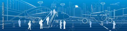 Modern international airport panorama with passenger airplanes, boarding stairs, travelers, terminal bridge, futuristic skyline and air traffic. Blue line vector illustration.