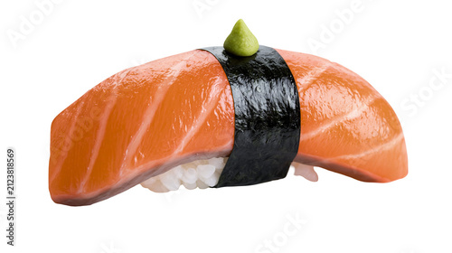 Konstfotografi Fresh salmon nigiri sushi with black nori band and green wasabi dollop, isolated