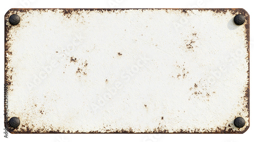 Принти на полотні Rectangular blank white metal sign with rusty edges and black rivets, isolated o