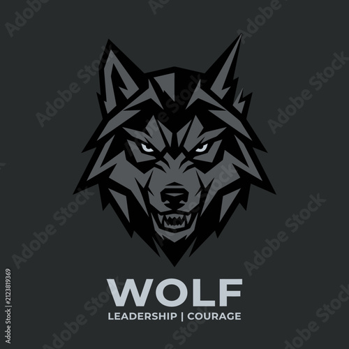 A stylized graphic illustration of a fierce wild canine head on a dark background