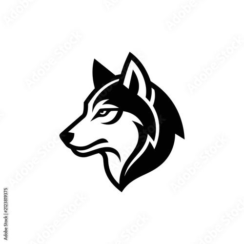 A minimalist black and white graphic illustration of a wild wolf head profile
