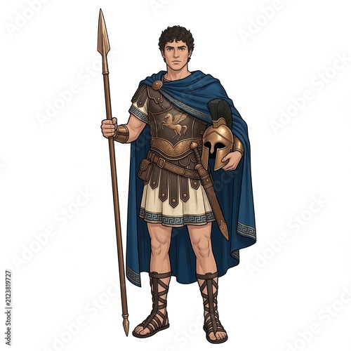 Ancient Greek hero Bellerophon in bronze armor holding a spear and helmet isolated on white background