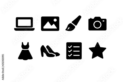 Fashion Editing Icons. Editing outfit photos. Filled icon set of Editing outfit photos: laptop, photo frame,
