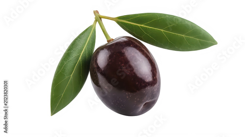 One fresh single dark purple olive with two green leaves attached to the stem showing natural texture and organic shape for healthy cooking food ingredient photography and mediterranean diet concepts 