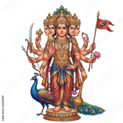 Ornate illustration of Hindu god Kartikeya with six faces and multiple arms standing with a peacock on white background