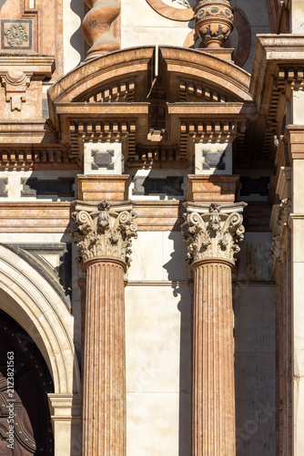 Baroque decorative facade of 16th century Malaga Cathedral; located at Bishop's Square, Malaga; Andalusia; Spain