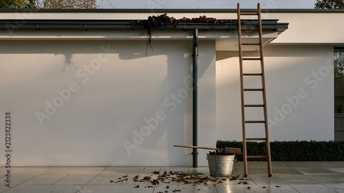 Blocked gutter with a ladder and a bucket of leaf debris below