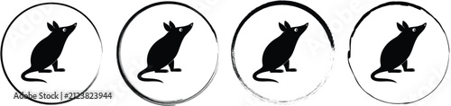 Set of four circular featuring a black silhouette of a bandicoot looking upwards, isolated on a white background, for animal