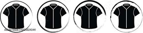 Set of four circular featuring a black silhouette of a short-sleeved collared shirt, isolated on a white background, for clothing