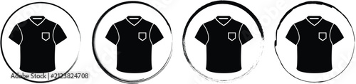 Set of four circular badges containing a black silhouette of at-shirt with a chest pocket, isolated on a white background