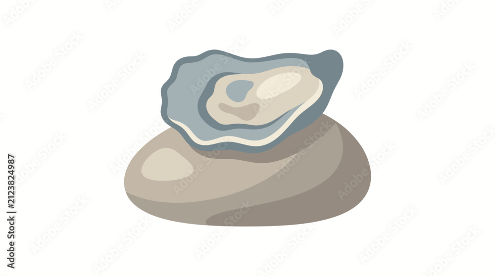 Obraz premium Flat vector illustration of a fresh open oyster shell resting on a smooth stone isolated on a white background