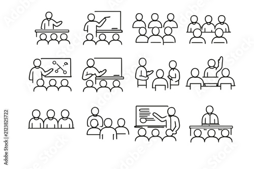 Classroom Teaching Icons. Classroom teaching concept. Line outline icon set of Classroom teaching concept: