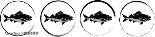 Foto Four circular badges displaying a black silhouette of a fish with a sharp dorsal