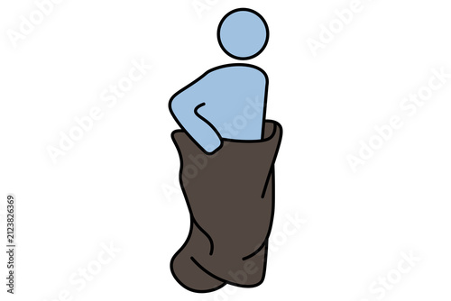 A simple 2D vector cartoon illustration depicting a stylized, featureless light blue human figure participating in a sack race, set against a plain white background.
