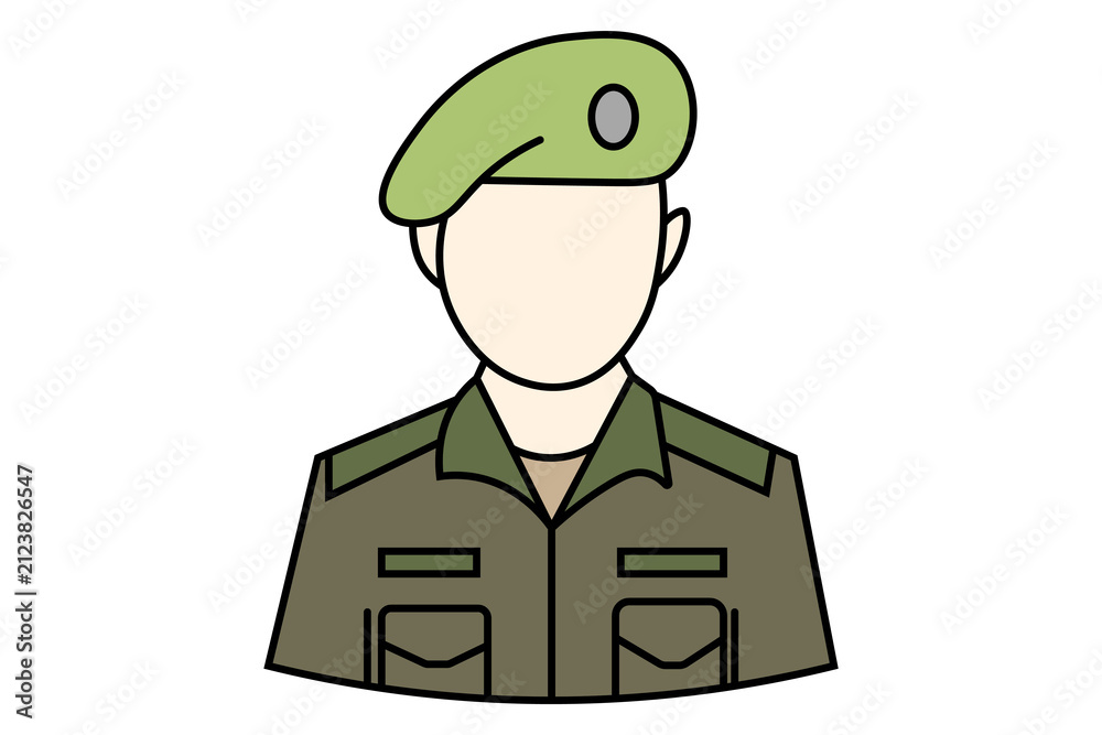 Obraz premium A 2D vector cartoon illustration depicting a faceless male avatar or bust in a military or army uniform, set against a plain white background.